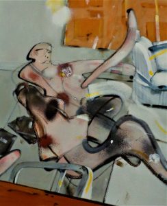 Rachel and Laura with orange paper wall hanging. Dancers