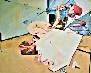 Fatima Al Matar with human flamingo. Alice in Wonderland.